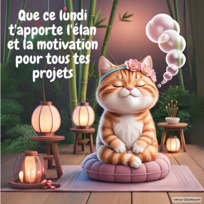 Un chat assis en méditation, entouré de lanternes et de plantes, évoque la sérénité et l’inspiration pour démarrer la semaine.
