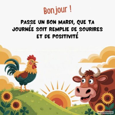 Illustration d'une vache souriante et d'un coq, entourés de fleurs et d'un soleil radieux, évoquant la joie d'un mardi heureux.