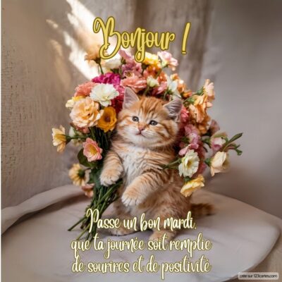 Un chaton aux yeux pétillants est entouré d'un bouquet de fleurs éclatantes. Une scène douce et chaleureuse pour ce mardi.