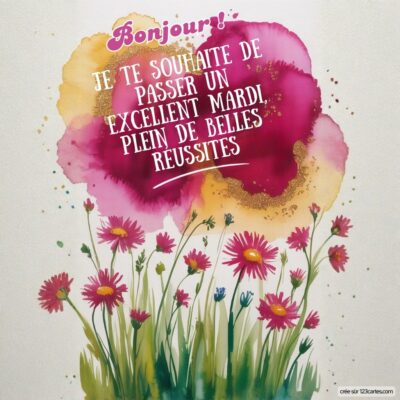 Carte virtuelle illustrant un bouquet de fleurs variées, accompagné de formes abstraites évoquant une ambiance joyeuse et positive.