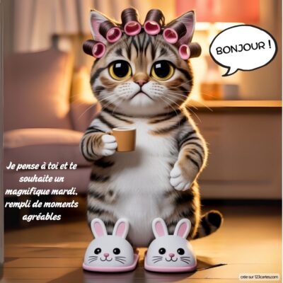 Un mignon chat avec des rouleaux dans les cheveux tient une tasse, portant des pantoufles en forme de lapin, offrant une ambiance chaleureuse.