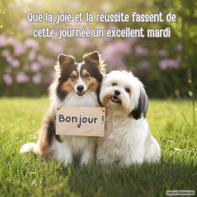 Deux chiens joyeux posent ensemble sur un fond de verdure, l’un tenant une pancarte en bois. Une scène amicale et ensoleillée.