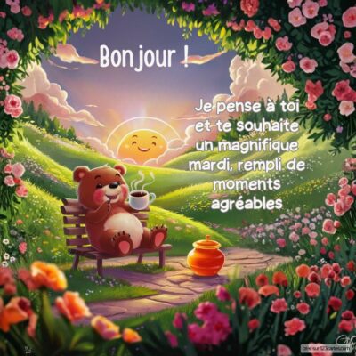 Un ours souriant savoure une tasse de café sur un banc, entouré de fleurs et d'un doux soleil levant dans un paysage paisible.