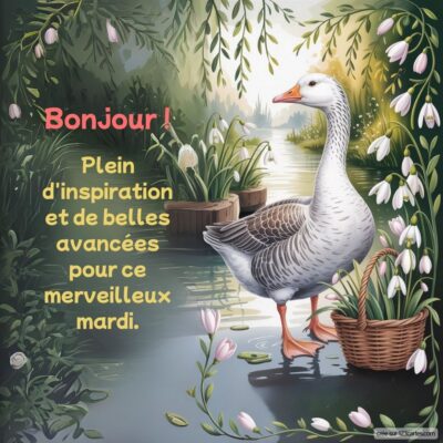 Une oie se tient près d'un étang, entourée de fleurs et de feuillage, évoquant un mardi serein et inspirant.