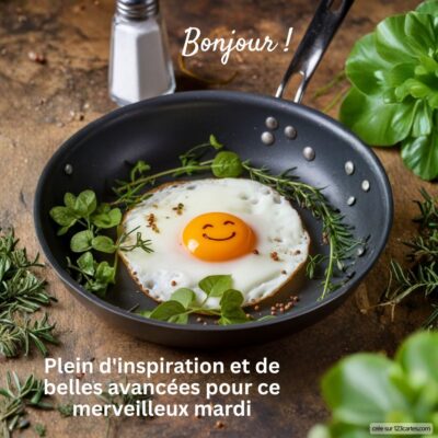 Une poêle avec un œuf au plat souriant, entouré de brins d'herbes et de feuilles, évoque une ambiance joyeuse pour ce mardi.