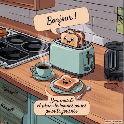 Image d'une cuisine avec un grille-pain, des tranches de pain dorées souriantes, une tasse de café et un air joyeux.
