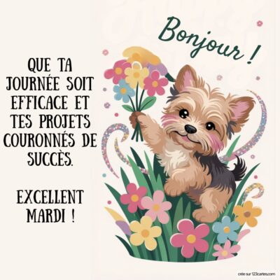 Un petit chien heureux tient un bouquet de fleurs, entouré de diverses plantes et fleurs en arrière-plan, pour fêter le mardi.