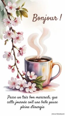 Une tasse de café fumant entourée de fleurs de cerisier symbolise une pause réconfortante pour un bon mercredi.
