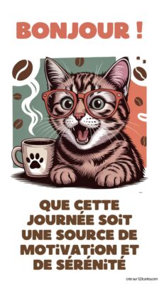 Un chat souriant avec des lunettes, assis près d'une tasse de café, entouré de grains de café. Une invitation à profiter du mercredi.