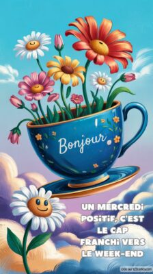 Une tasse bleue remplie de fleurs souriantes, entourée de nuages doux, évoque un mercredi ensoleillé et joyeux.
