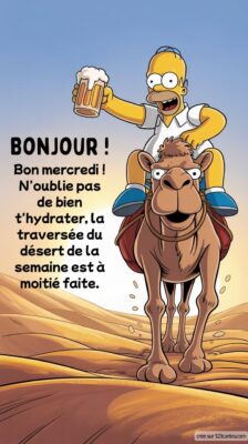 Image humoristique d'Homer simpson sur un chameau dans le désert, levant une bière, suggérant un moment de détente en milieu de semaine.