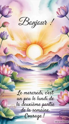 Illustration d'un lever de soleil sur un lac, entouré de montagnes, avec des fleurs de lotus en avant-plan. Ambiance apaisante.