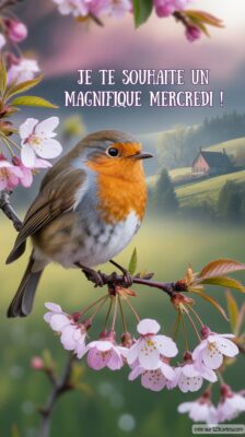 Un rouge-gorge se pose sur une branche de cerisier en fleurs, avec un paysage de collines et une maison en arrière-plan.