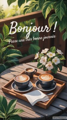 Une terrasse en bois avec deux tasses de café sur un plateau et des fleurs blanches entourées de feuilles vertes.