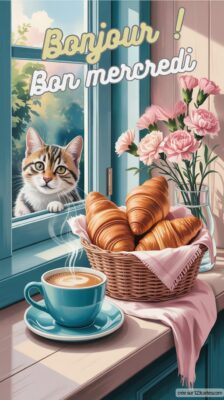 Une fenêtre ouverte laisse entrevoir un chat curieux, tandis qu'une tasse de café et un panier de croissants accompagnent des fleurs fraîches.