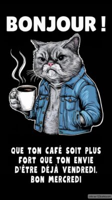 Un chat avec une expression déterminée porte une veste en jean et tient une tasse de café, prêt à affronter le mercredi.