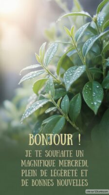 Image représentant des feuilles de plante arroser par des gouttes de pluie, évoquant la fraîcheur et la vitalité d'un mercredi en plein air.