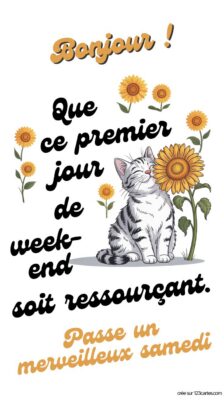 Une carte virtuelle avec un chat souriant entouré de grands tournesols, symbolisant la joie et le début d'un weekend reposant.