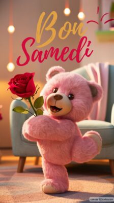 Un ours en peluche rose tient une rose rouge, affichant un air joyeux dans un intérieur chaleureux avec un fauteuil.
