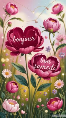 Illustration de fleurs en plein épanouissement, au premier plan des pivoines aux pétales roses, sur un fond doux et lumineux.