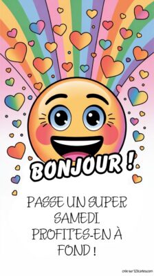 Émoji souriant rayonnant de joie, entouré de petits cœurs et de lignes dynamiques évoquant l'enthousiasme d'un samedi agréable.