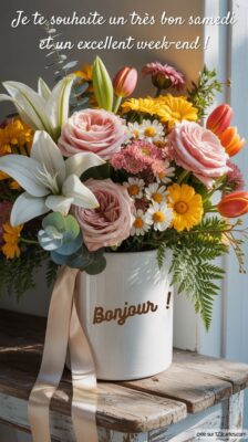 Un bouquet de fleurs variées dans un vase blanc, avec des roses, des tulipes et des marguerites, dégage une atmosphère chaleureuse.