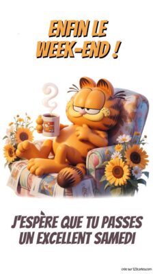 Image d'un chat paresseux assis sur un fauteuil, tenant une tasse. Des tournesols entourent le fauteuil, évoquant une ambiance relaxante.