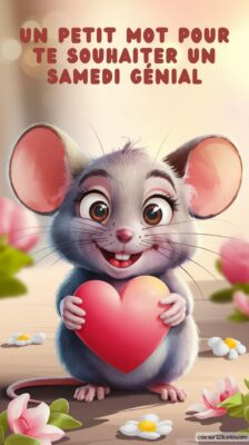 Une souris souriante tient un cœur dans ses pattes, entourée de fleurs, pour souhaiter un samedi plein de joie.