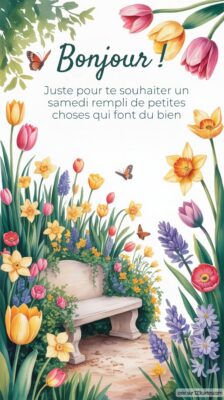 Une scène printanière avec un banc entouré de fleurs variées et des papillons, évoquant la sérénité d'un samedi agréable.