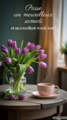Vase transparent rempli de tulipes violettes, avec une tasse de café fumant sur une table en bois, près d'une fenêtre lumineuse.