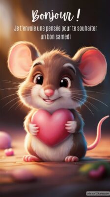 Une petite souris joyeuse tient un cœur dans ses pattes, entourée de bonbons. Elle envoie une pensée amicale pour le samedi.