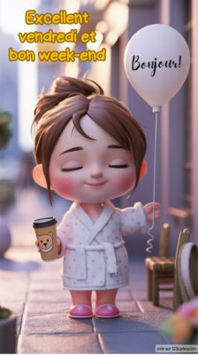 Une petite fille souriante, en peignoir, tient une tasse de café dans une main et un ballon dans l'autre, prête pour le week-end.