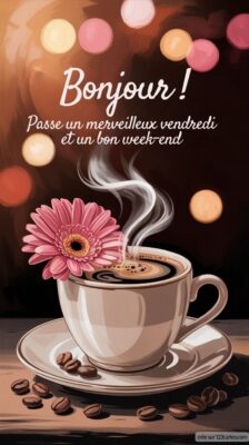 Une tasse de café fumant, garnie d'une fleur rose, repose sur une soucoupe. Des grains de café sont dispersés autour.