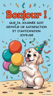 Un chiot joyeux portant un chapeau de fête tient trois ballons. Des confettis flottent autour, évoquant une ambiance festive.