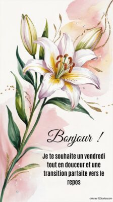 Une élégante fleur de lis blanche avec des feuilles vertes. Un fond doux évoque la sérénité d'un vendredi agréable.
