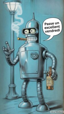 Un robot à l'aspect métallique fume un cigare et tient une bouteille tout en faisant un signe de paix, sous un lampadaire.