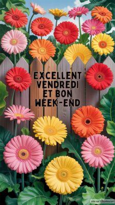Illustration de gerberas variés disposés devant une clôture en bois, entourés de grandes feuilles vertes, évoquant la joie du vendredi.