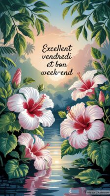 Illustration de fleurs d'hibiscus entourées de feuillage dense, avec un paysage de montagne en arrière-plan et un reflet dans l'eau.