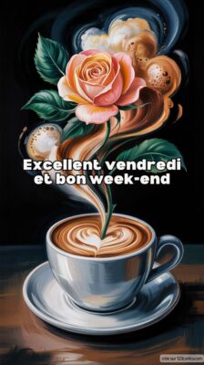 Une tasse de café avec une rose stylisée émergeant de la mousse, symbolisant douceur et positivité pour le vendredi.
