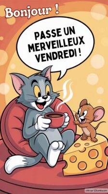 Un chat assis sur un fauteuil tient une tasse, tandis qu'une petite souris lui sourit à côté d'un morceau de fromage.