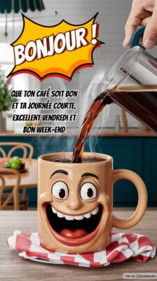 Une tasse de café souriante est remplie, avec une main versant du café chaud. L'arrière-plan montre une cuisine accueillante.