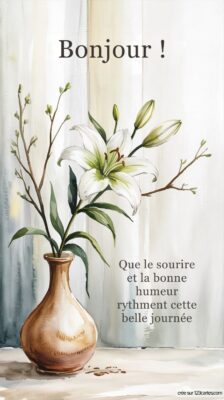 Une vase en terre cuite abrite des fleurs blanches et des branches fraîches, symbolisant la joie et la sérénité pour ce vendredi.