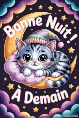 Un chaton endormi sur un nuage avec un chapeau, avec les mots Bonne Nuit! À Demain.