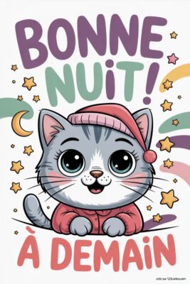 Un chaton mignon portant un pyjama avec des étoiles et des couleurs pastel.