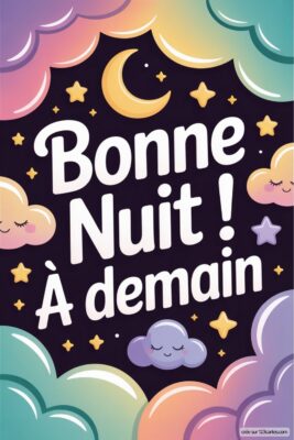 Texte coloré Bonne Nuit ! À demain avec nuages, lune et étoiles.