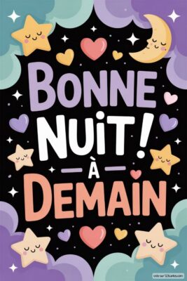 Texte coloré sur fond noir avec des étoiles et une lune, souhaitant Bonne nuit ! À demain.