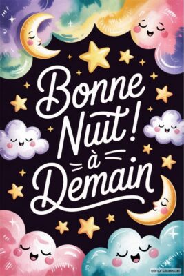 Texte enjoué sur un fond sombre, avec des lunes, des étoiles et des nuages souriants.