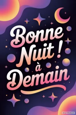 Texte coloré sur un fond sombre avec des étoiles et des formes circulaires.