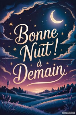 Texte artistique sur un fond nocturne avec un ciel étoilé, lune, et paysage vallonné.