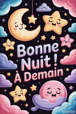 Ciel nocturne avec une lune souriante, étoiles et nuages, texte Bonne Nuit ! À Demain.